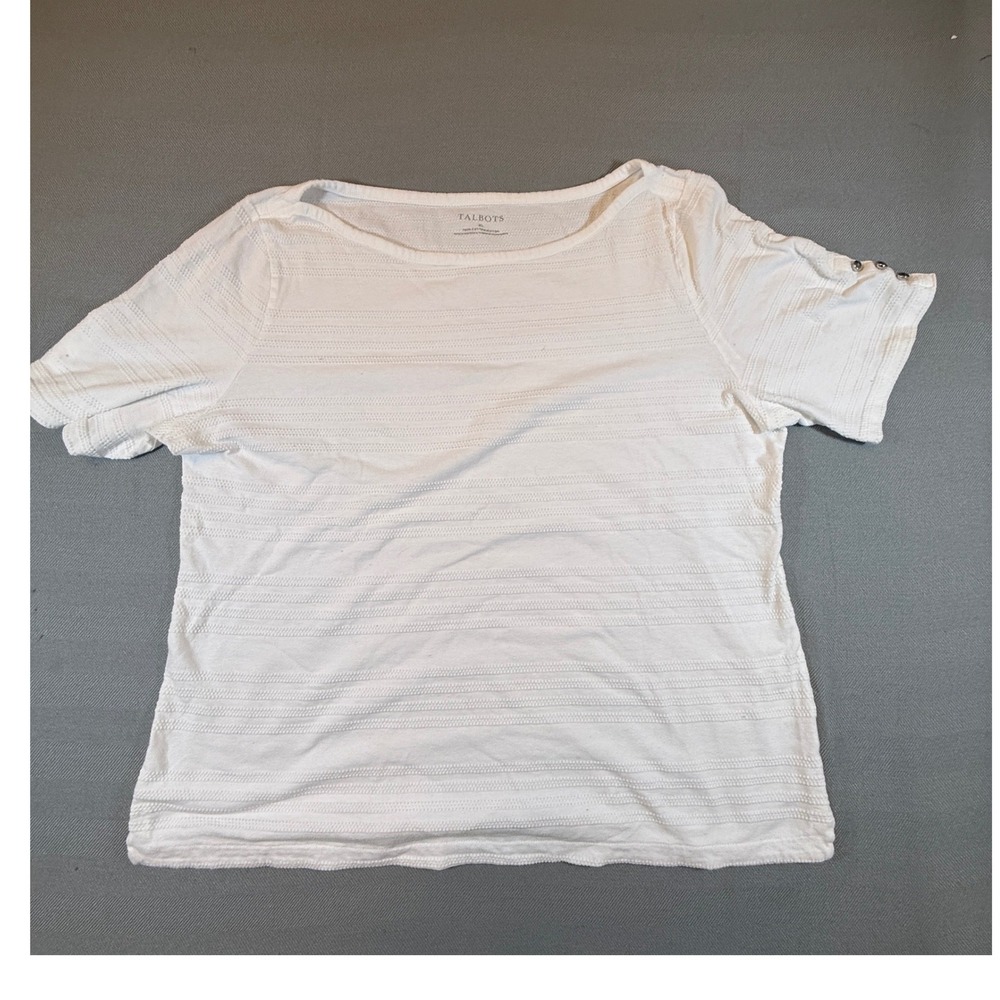 Talbots White Cotton Textured Stripe Boat Neck Silver Button Shoulder XL 2298